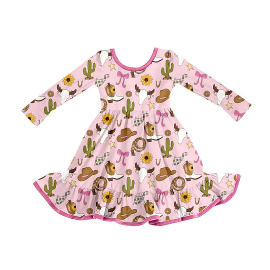 Preorder (moq 8)Baby Girls Pink Cactus Hats Bull Skulls Western Ruffle Knee Length Dresses 9.22