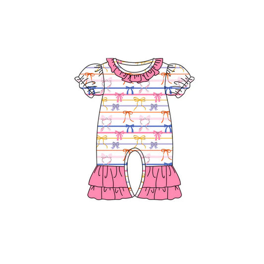 Preorder (moq 8)Baby Girls Colorful Bows Stripe Ruffle Footie Rompers 9.15