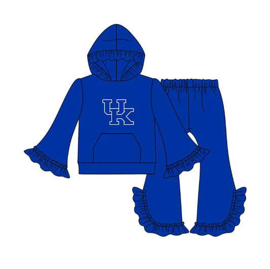 Preorder(moq 5)Baby Girls Blue UK Pocket Hoodie Bell Bottom Pants Team Clothes Sets 12.17
