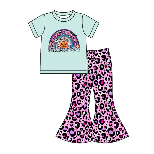preorder(MOQ 5)Baby Girls Blue Short Sleeves Ghost Pumpkin Top Leopard Bell Bottom Pants Set 5.10