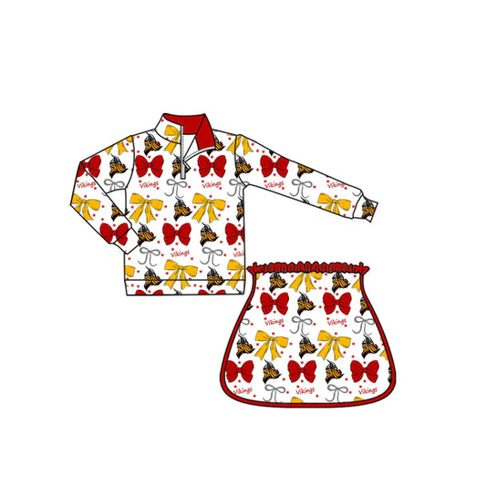 Preorder (moq 5)Baby Girls White Vikings Bows Team Zip Pullovers Skort Team Clothes Sets 8.29