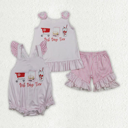Sibling Clothing Baby Girls Pink Stripe Best Day Ever Tunic Ruffle Short Clothes Set Back Bow Rompers