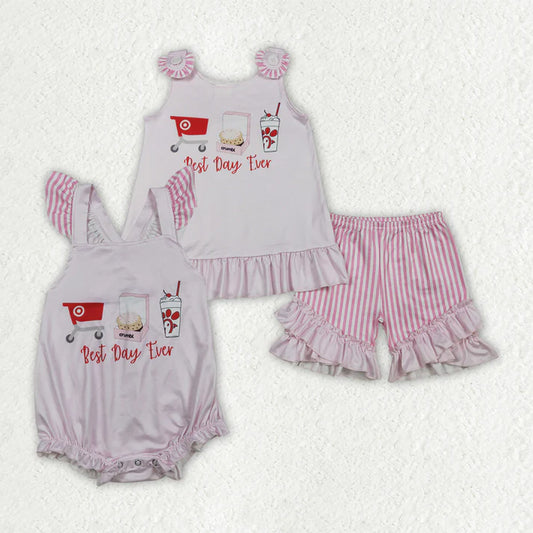 Sibling Clothing Baby Girls Pink Stripe Best Day Ever Tunic Ruffle Short Clothes Set Back Bow Rompers