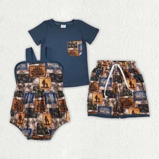Sibling Baby Boys Deer Camo Checked Top Pockets Short Hunting Clothes Set Rompers
