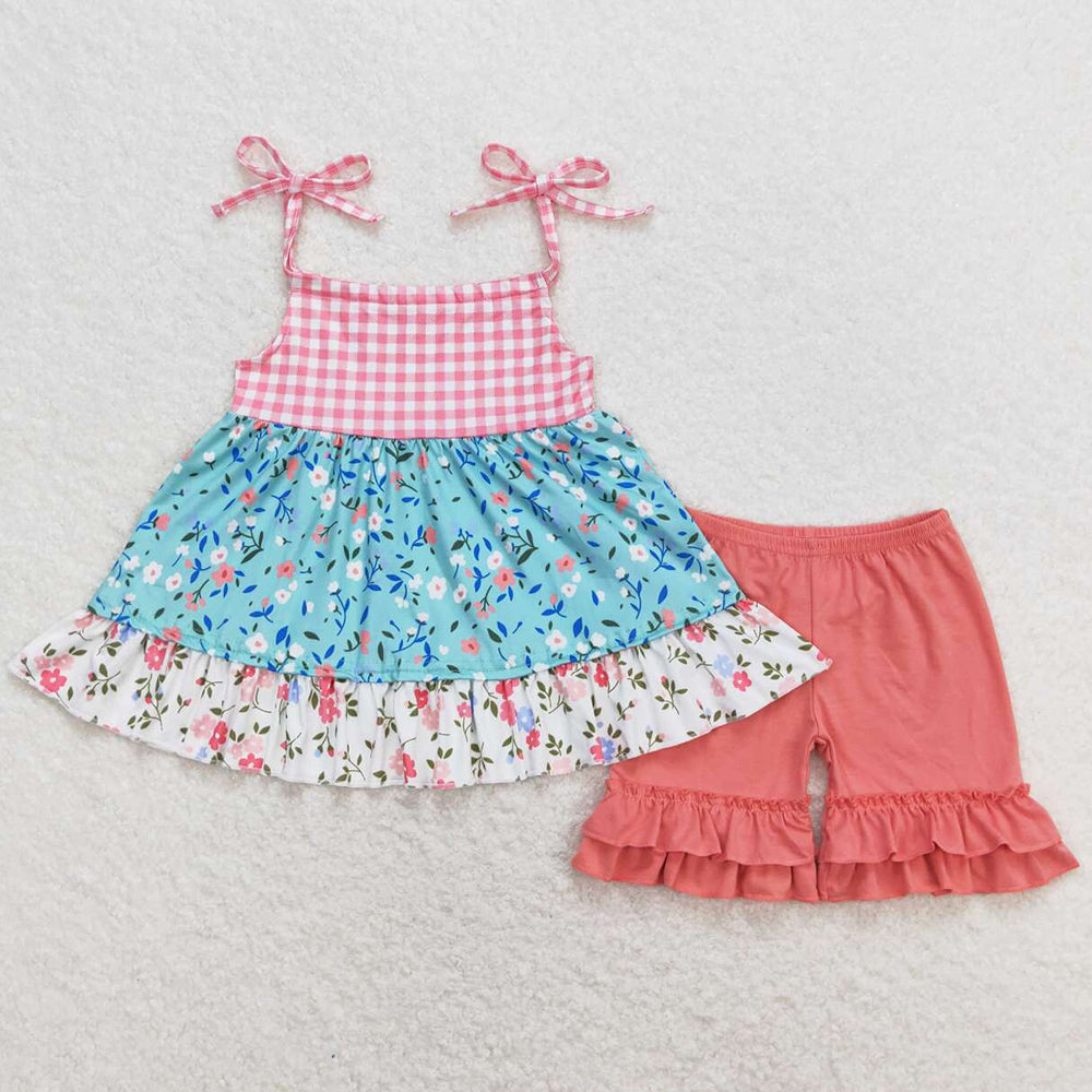 Baby Girls Clothes Pink Checkered Floral Halter Tunic Ruffle Shorts Sets GSSO0837