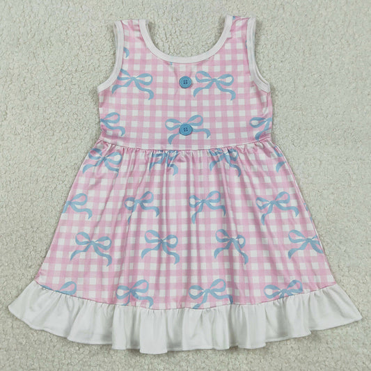 Baby Girls Dress Bows Pink Checked Sleeveless Ruffle Knee Length Dresses GSD3145 12.31