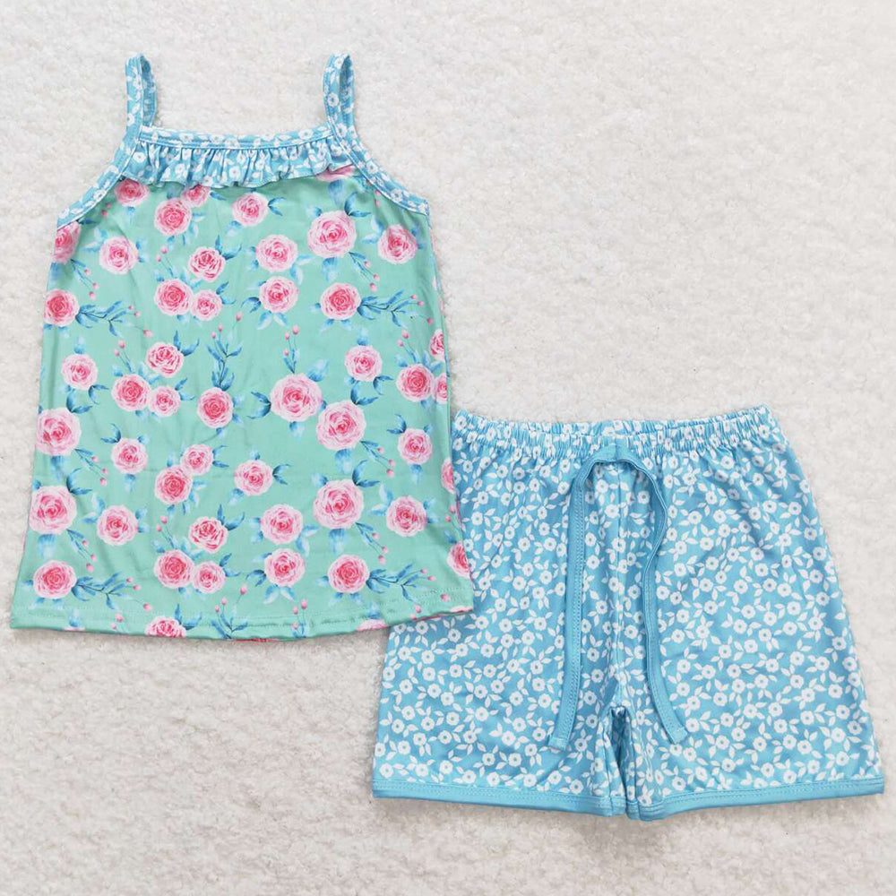 Baby Girls Clothes Green Pink Flowers Straps Top Shorts Summer Clothes Sets GSSO0863