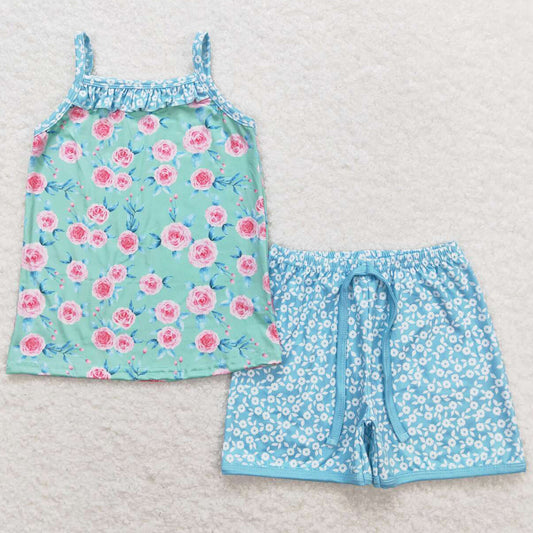 Baby Girls Clothes Green Pink Flowers Straps Top Shorts Summer Clothes Sets GSSO0863