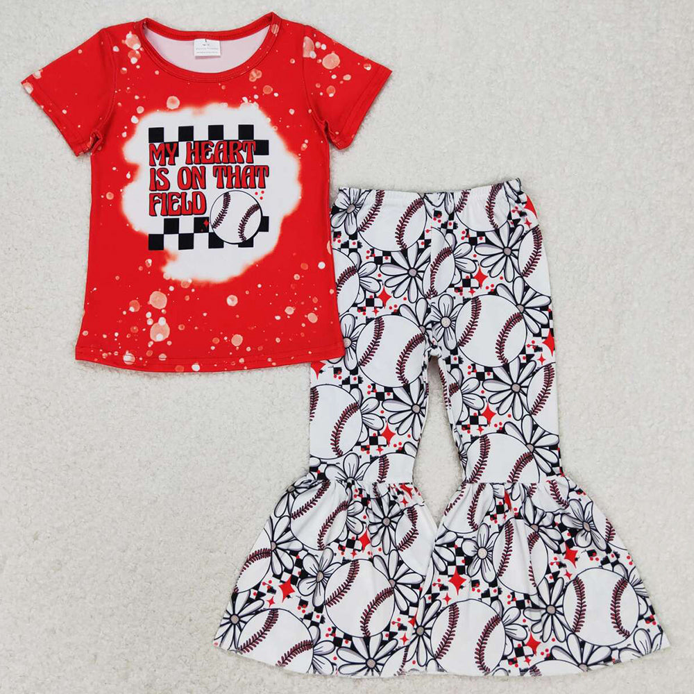 Baby Girls Clothes Baseball Red Top Flowers Bell Pants Sets GSPO1236