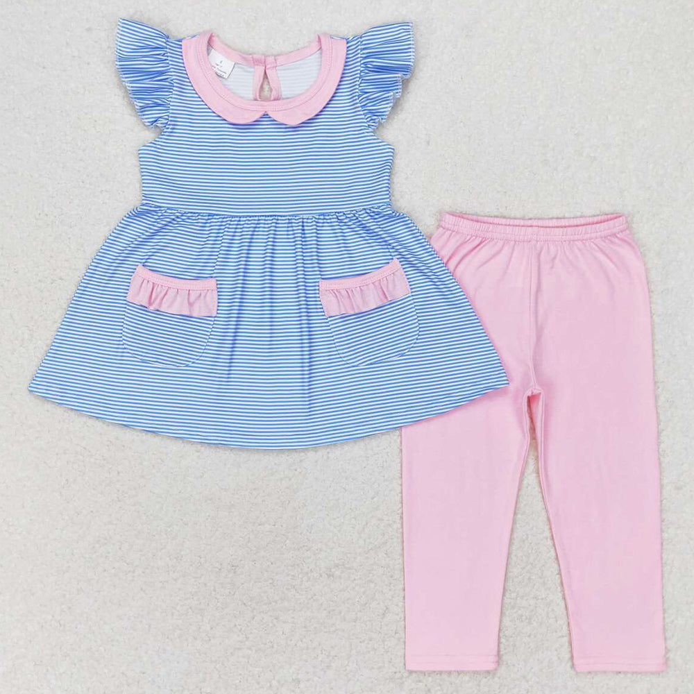 Baby Girls Clothes Blue Stripes Tunic Tops Pockets Top Pink Legging Sets GSPO1241