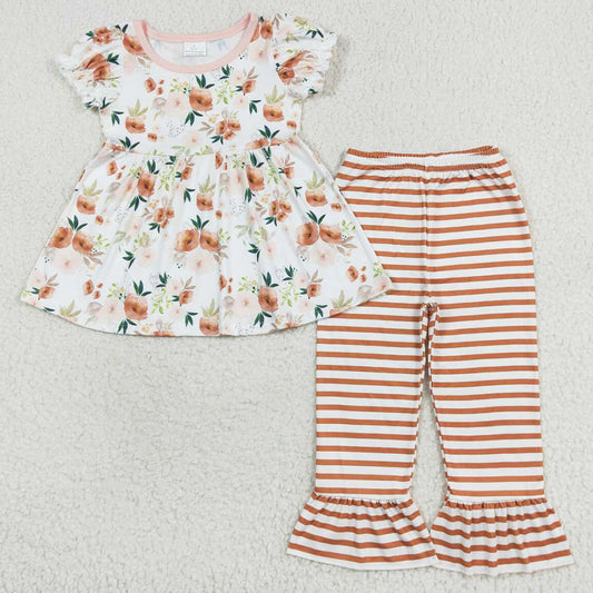 Baby Girls Clothes Orange Flowers Tunic Top Stripes Pants Clothes Sets GSPO1570