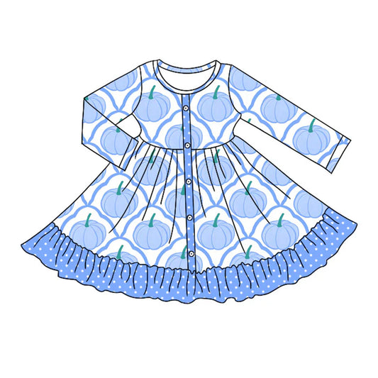 Preorder moq 5 Baby Girls Long Sleeves Blue Pumpkins Plaid Button Ruffle Knee Length Dresses 5.7