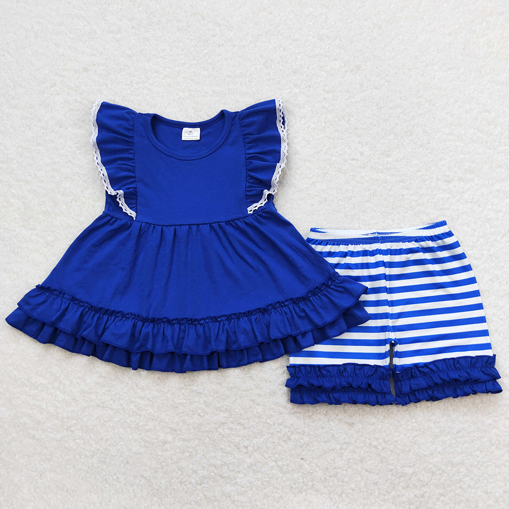 Baby Girls Clothes Royla Blue Ruffle Tunic Top Summer Shorts Sets GSSO0762