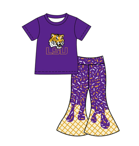 Preorder (moq 5)Baby Girls Purple LSU Tigers Top Drip Sprinkles Bell Bottom Pants Team Clothes Sets 11.27