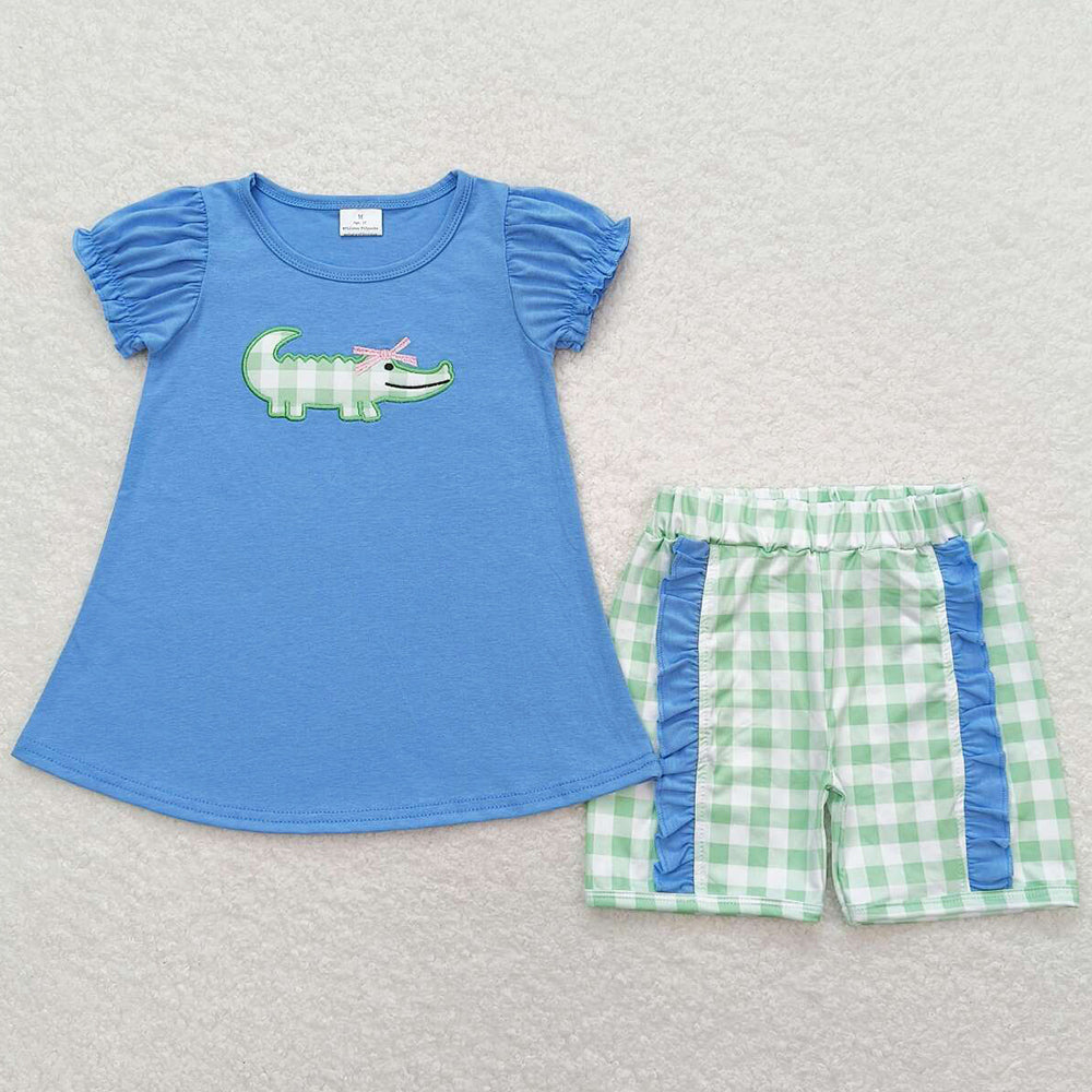 Baby Girls Clothes Crocodile Shirt Green Checkered Shorts Kids Sibling Clothing Boys Sets GSSO0850