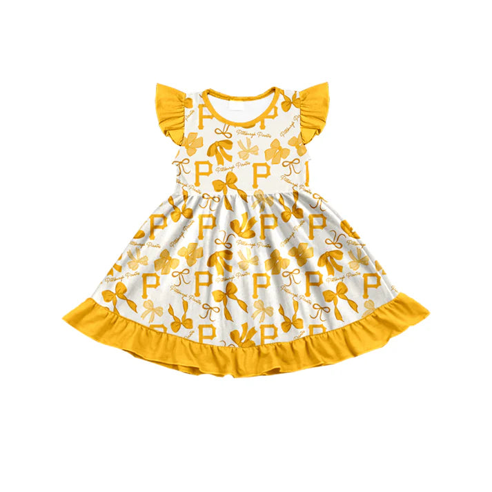 Preorder (moq 5) flutter sleeves P yellow bows girls team dress 8.22