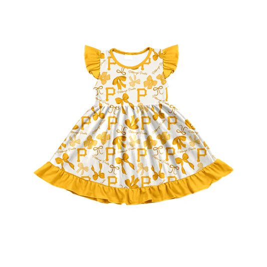 Preorder (moq 5) flutter sleeves P yellow bows girls team dress 8.22