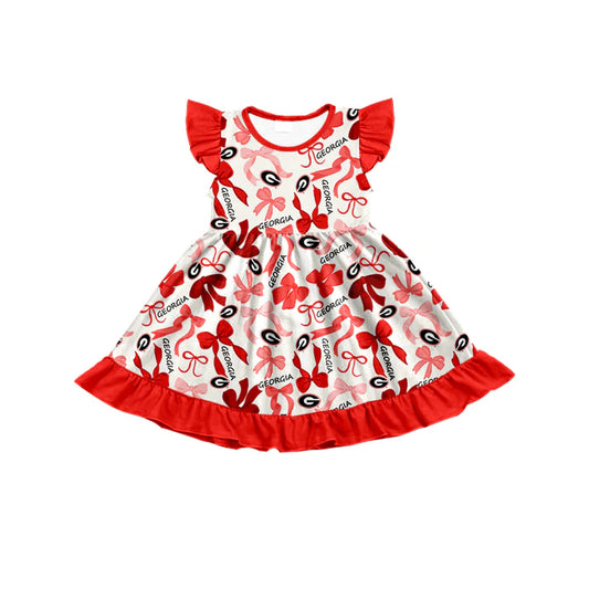 Preorder (moq 5) flutter sleeves red G bows girls team dress 8.26