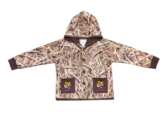 Preorder (moq 5)Baby Boys Khaki Leaves Camo LSU Tigers Pockets Team Button Hoodie Jackets Top 11.22