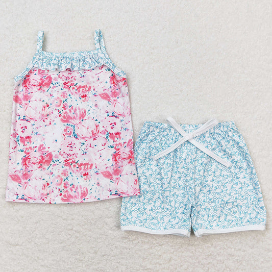 Baby Girls Clothes Pink Flowers Straps Top Shorts Summer Clothes Sets GSSO0869