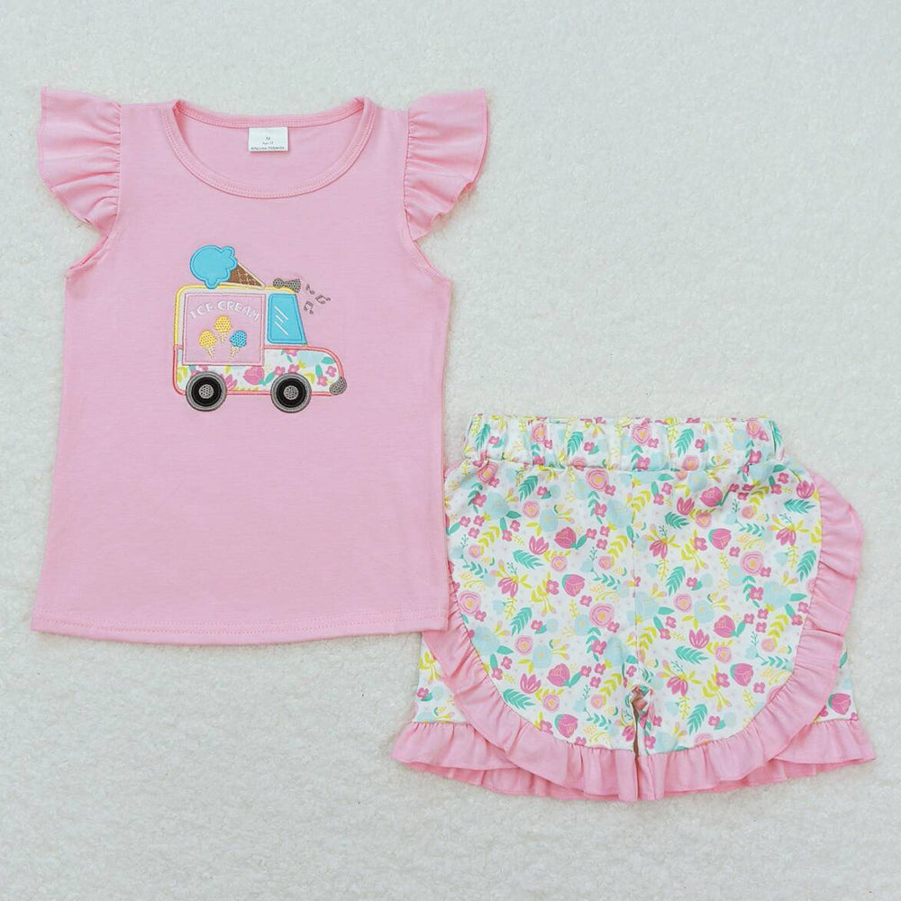 Baby Girls Clothes Pink Flutter Sleeve Popstick Tunic Top Ruffle Shorts Sets GSSO0644