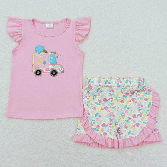 Baby Girls Clothes Pink Flutter Sleeve Popstick Tunic Top Ruffle Shorts Sets GSSO0644