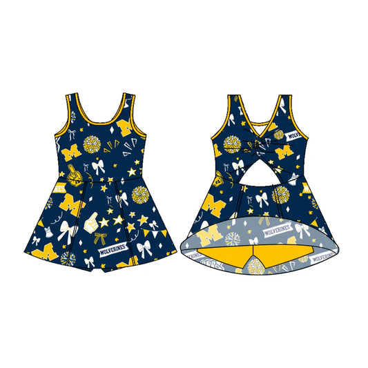 Preorder (moq 5)Baby Girls Sleeveless Navy Wolverines Football Team Shorts Dresses 7.11