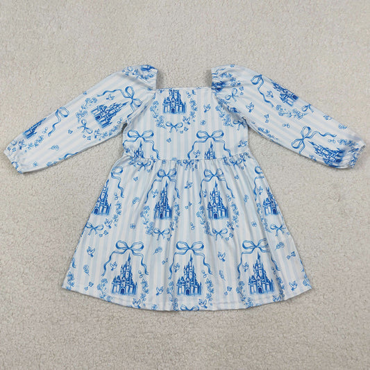 Baby Girls Dress Blue Stripe Bows Castles Knee Length Dresses GLD1567 1.12