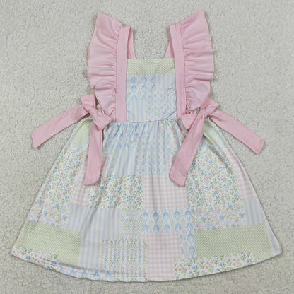 Baby Girls Dress Flutter Sleeve Pink Flowers Checked Knee Length Dresses GSD3249 1.12