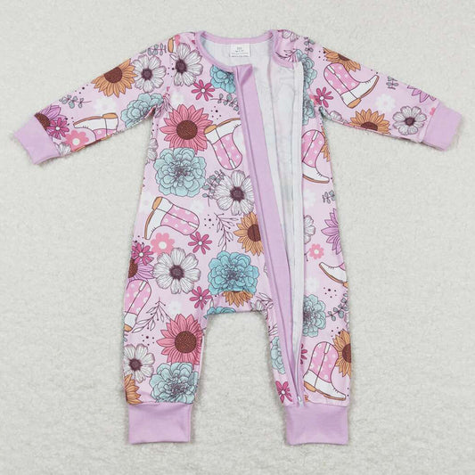 Baby Girls Romper Pink Flowers Boots Western Long Sleeve Zip Rompers LR0801