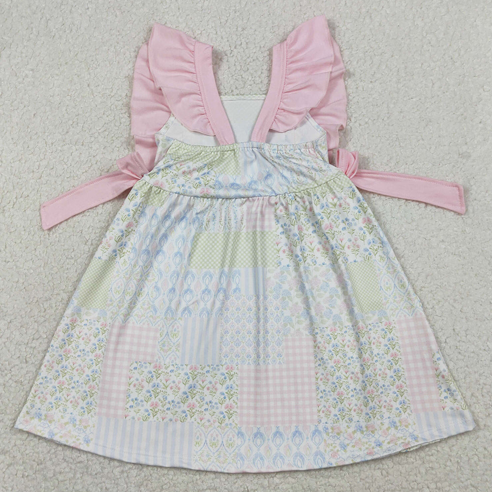 Baby Girls Dress Flutter Sleeve Pink Flowers Checked Knee Length Dresses GSD3249 1.12
