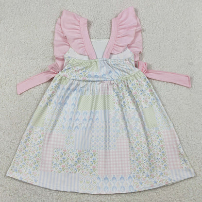 Baby Girls Dress Flutter Sleeve Pink Flowers Checked Knee Length Dresses GSD3249 1.12