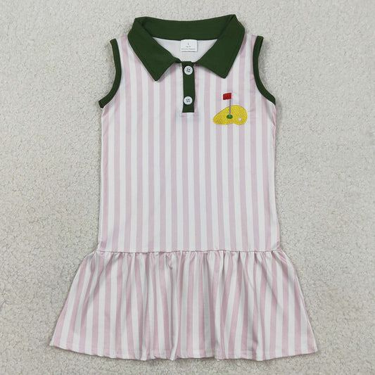 Baby Girls Embroidery Golf Flags Pink Stripe Button Knee Length Dresses GSD3142