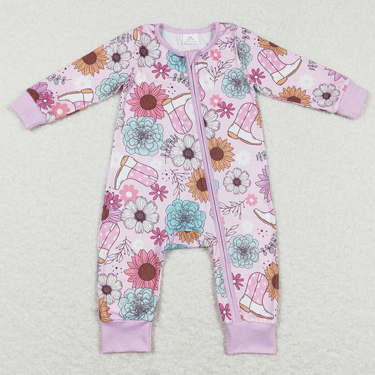 Baby Girls Romper Pink Flowers Boots Western Long Sleeve Zip Rompers LR0801