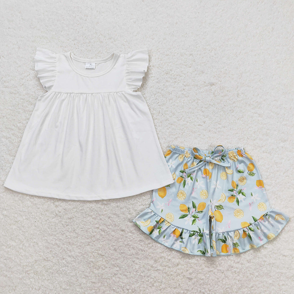 Baby Girls Clothes White Tunic Top Ruffle Lemon Fruit Shorts Sets  GSSO0870