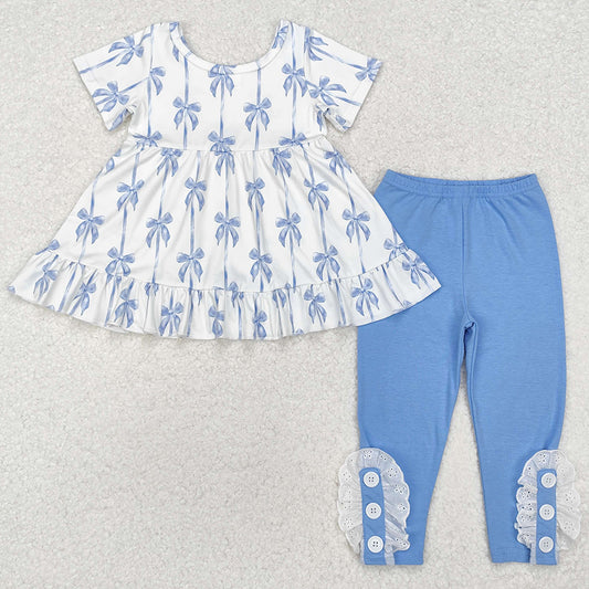 Baby Girls Clothes Blue Bows Ruffle Top Legging Clothes Sets GSPO1688