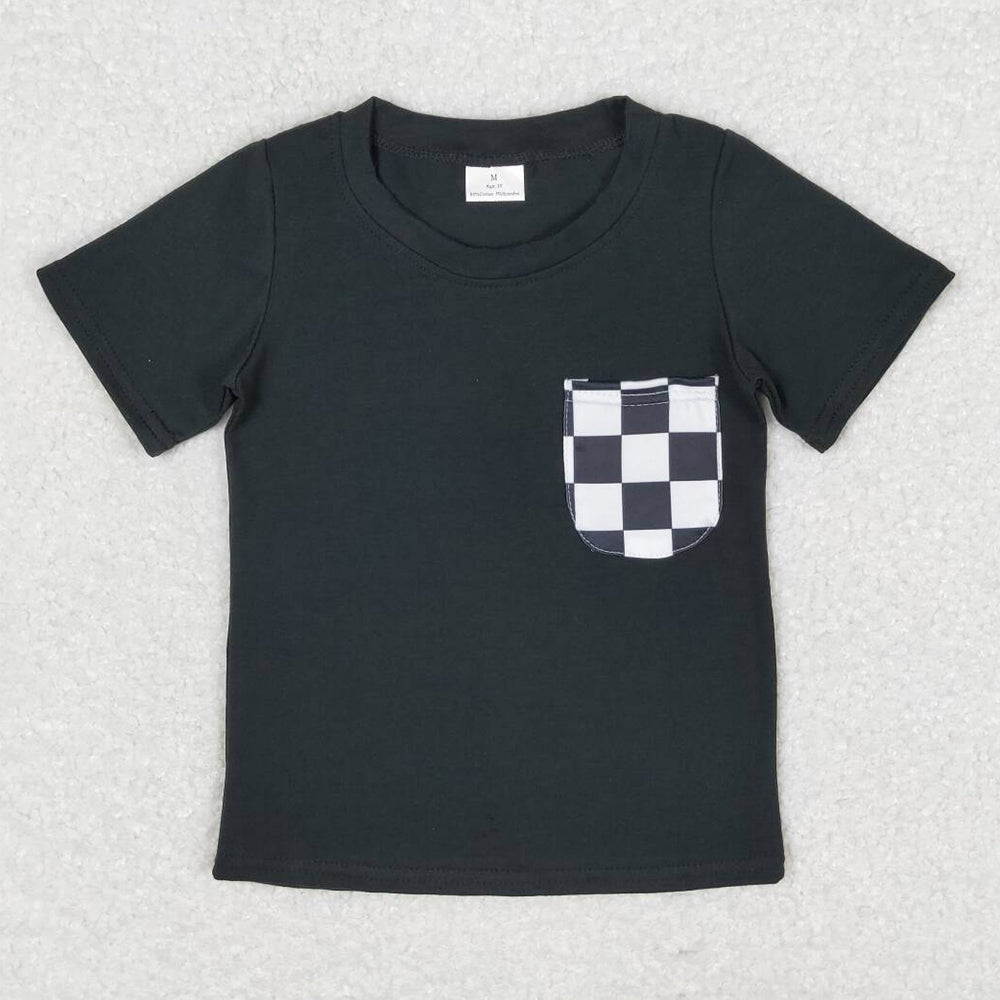 Baby Boys Clothes Shirts Black Checkered Pockets Short Sleeve Tee Shirts Tops BT0660