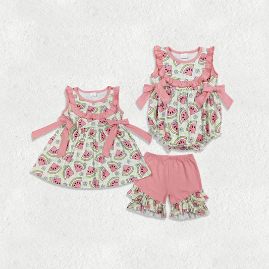 Sibling Baby Girls Sleeveless Watermelons Flowers Tunic Ruffle Shorts Clothes Set Rompers