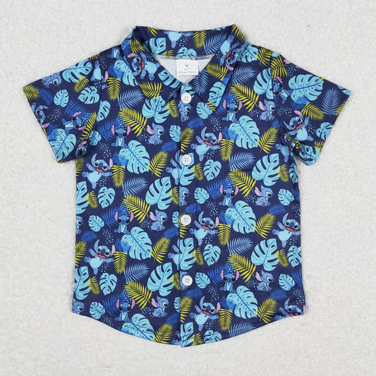 Baby Boys Clothes Shirt Blue Cartoon Short Sleeve Buttons Tee Shirts Tops BT0608