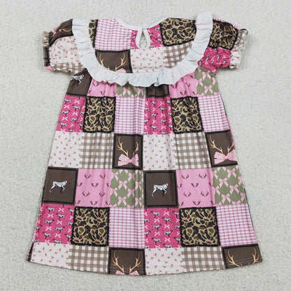 Baby Girls Dress Smocked Daddy's Girls Deer Dogs Bows Checked Hunting Knee Length Dresses GSD3484