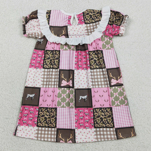 Baby Girls Dress Smocked Daddy's Girls Deer Dogs Bows Checked Hunting Knee Length Dresses GSD3484