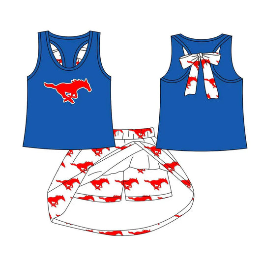 Preorder (moq 5)Baby Girls Blue Red Horse bow vest team Top Skirt Skort Sets 8.13