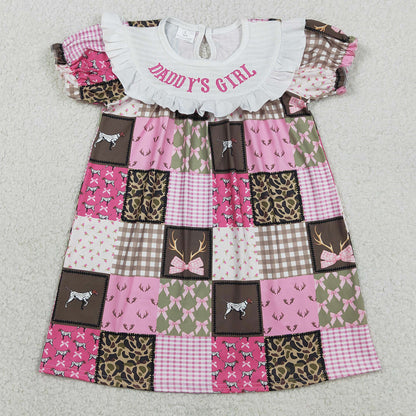 Baby Girls Dress Smocked Daddy's Girls Deer Dogs Bows Checked Hunting Knee Length Dresses GSD3484