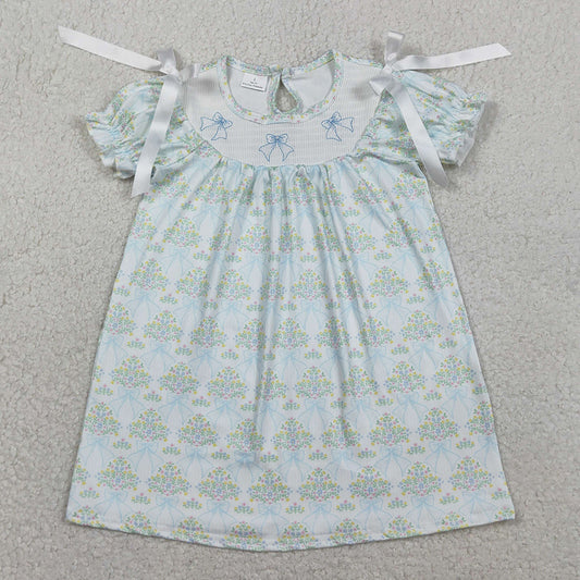 Baby Girls Dress Smocked Bows Flowers Short Ruffle Sleeve Knee Length Dresses GSD3046