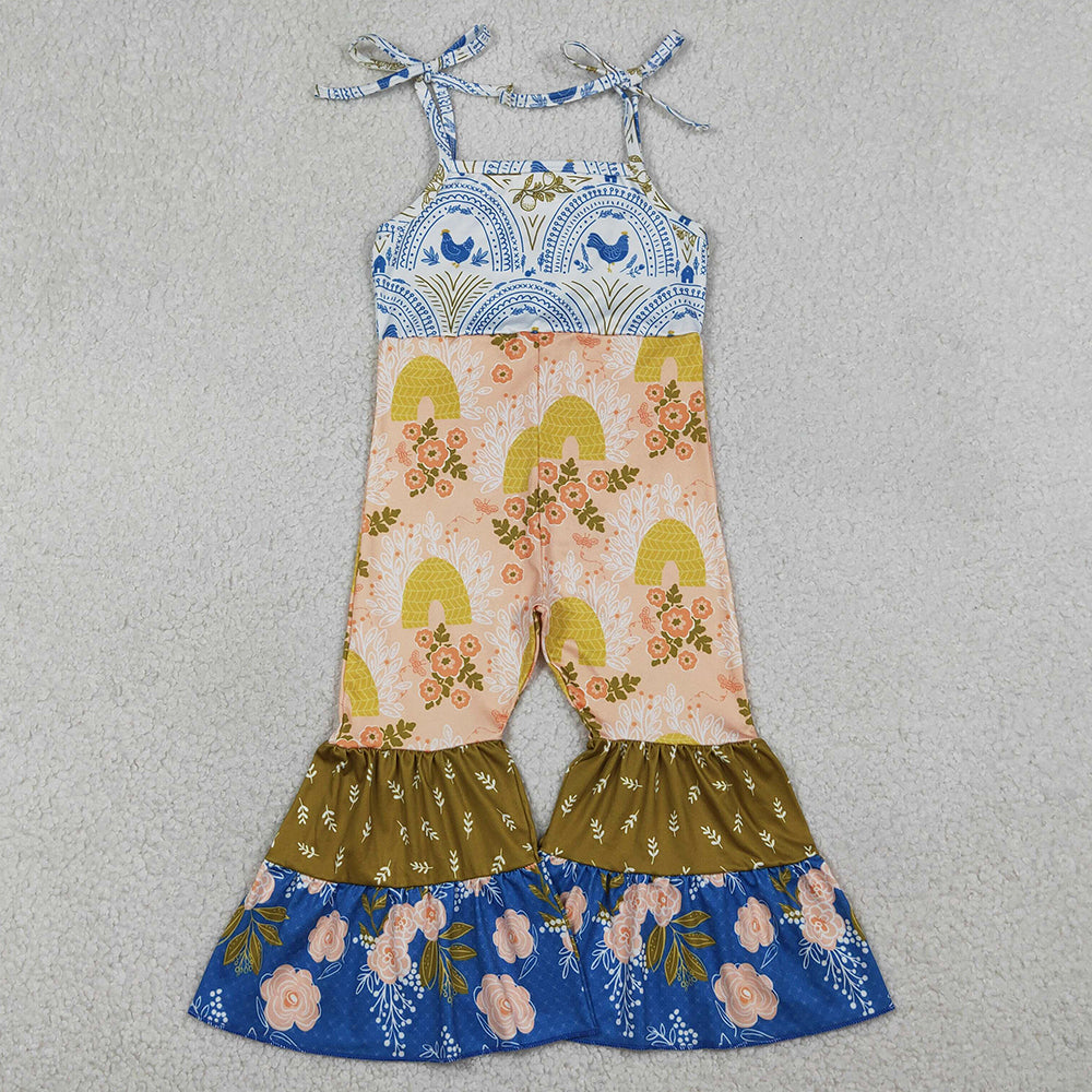 Baby Girls Jumpsuits Strap Farm Chicks Flowers Patchwork Bell Bottom Jumpsuits SR3582