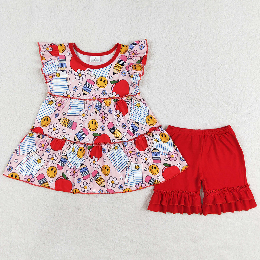 Baby Girls Clothes Back To School Apples Flowers Tunic Top Ruffle Shorts Sets GSSO1268