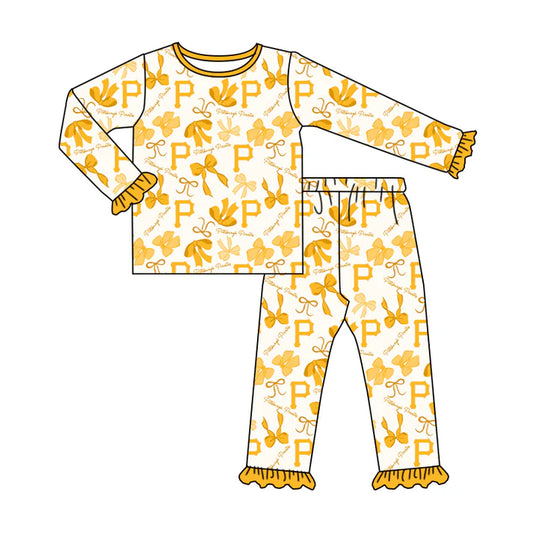 Preorder MOQ 5 Long sleeves P yellow bow kids girls team pajamas 8.25