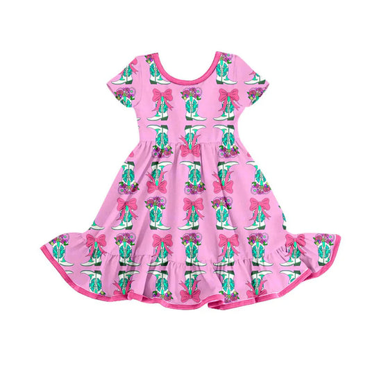 Preorder(moq 8)Baby Girls Bows Flowers Stripe Ruffle Knee Length Dresses 9.30