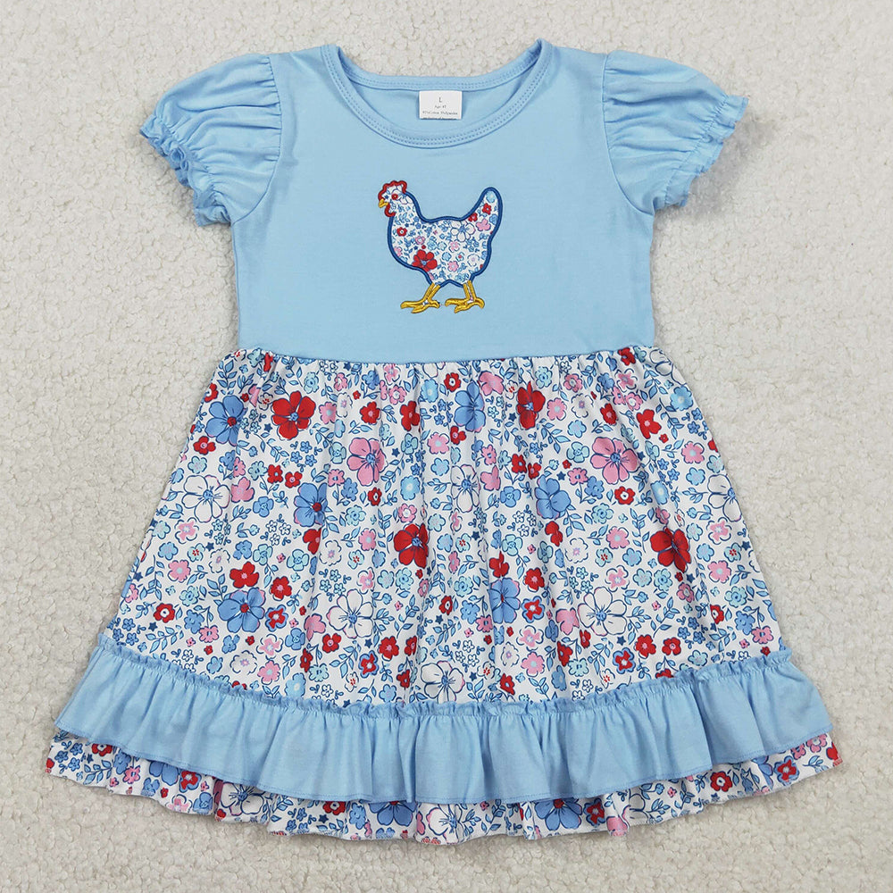 Baby Girls Dress Embroidery Floral Chick Farm Ruffle Knee Length Dresses GSD3418