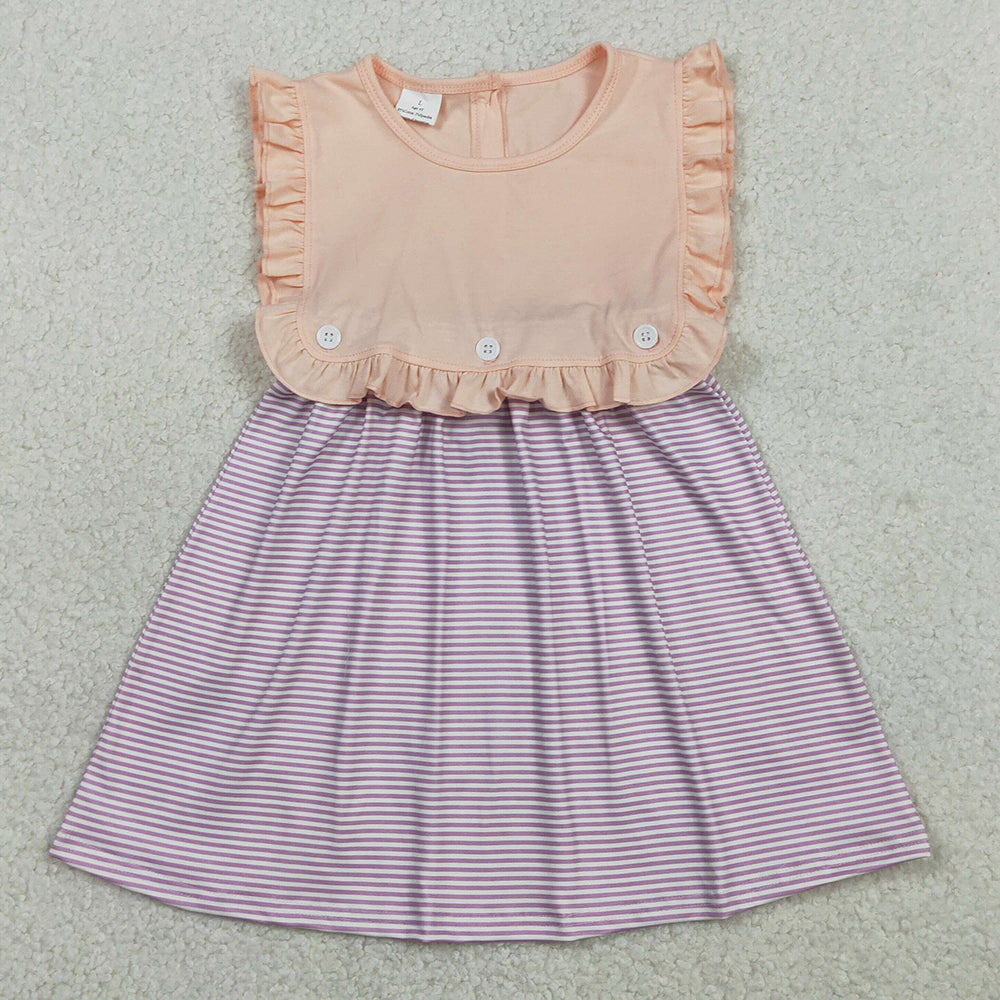 Baby Girls Dress Peach Sleeveless Lavender Stripe Button Knee Length Dresses GSD3559